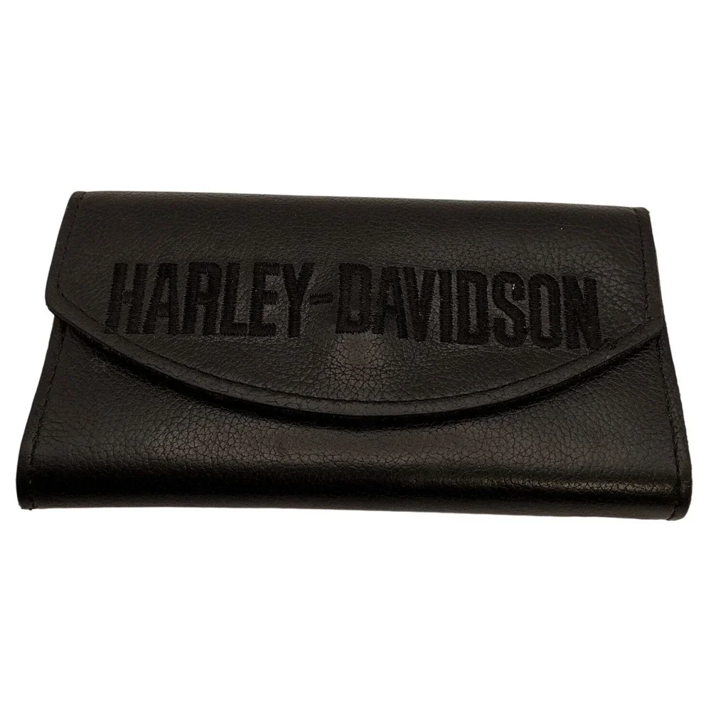 Harley Davidson Leather‎ Checkbook Wallet Black Snap Bifold Rider Embroidered